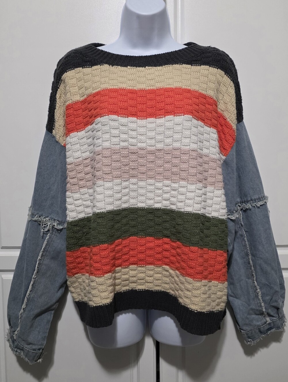 BiBi Womens Multicolor Knit Denim Sleeve Oversized Distressed Pull Over Sweater